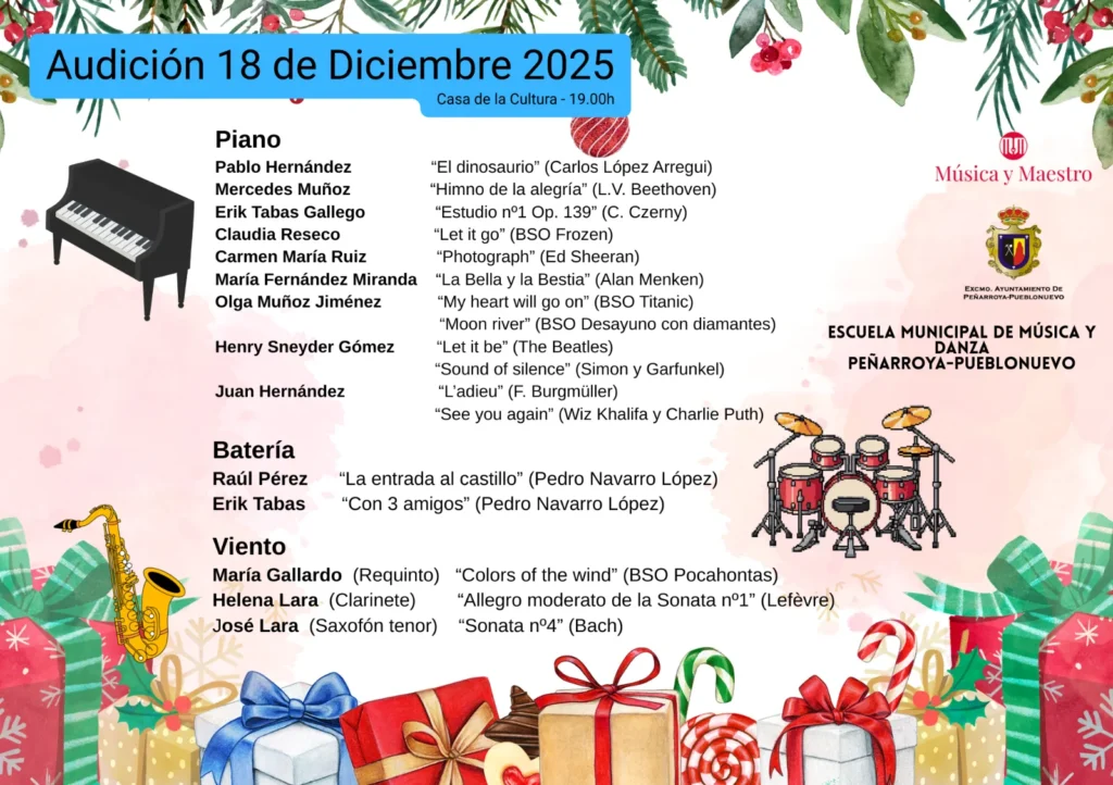 Audiciones Escuela de Música Peñarroya · Programas del 16 y 18 de diciembre 2025