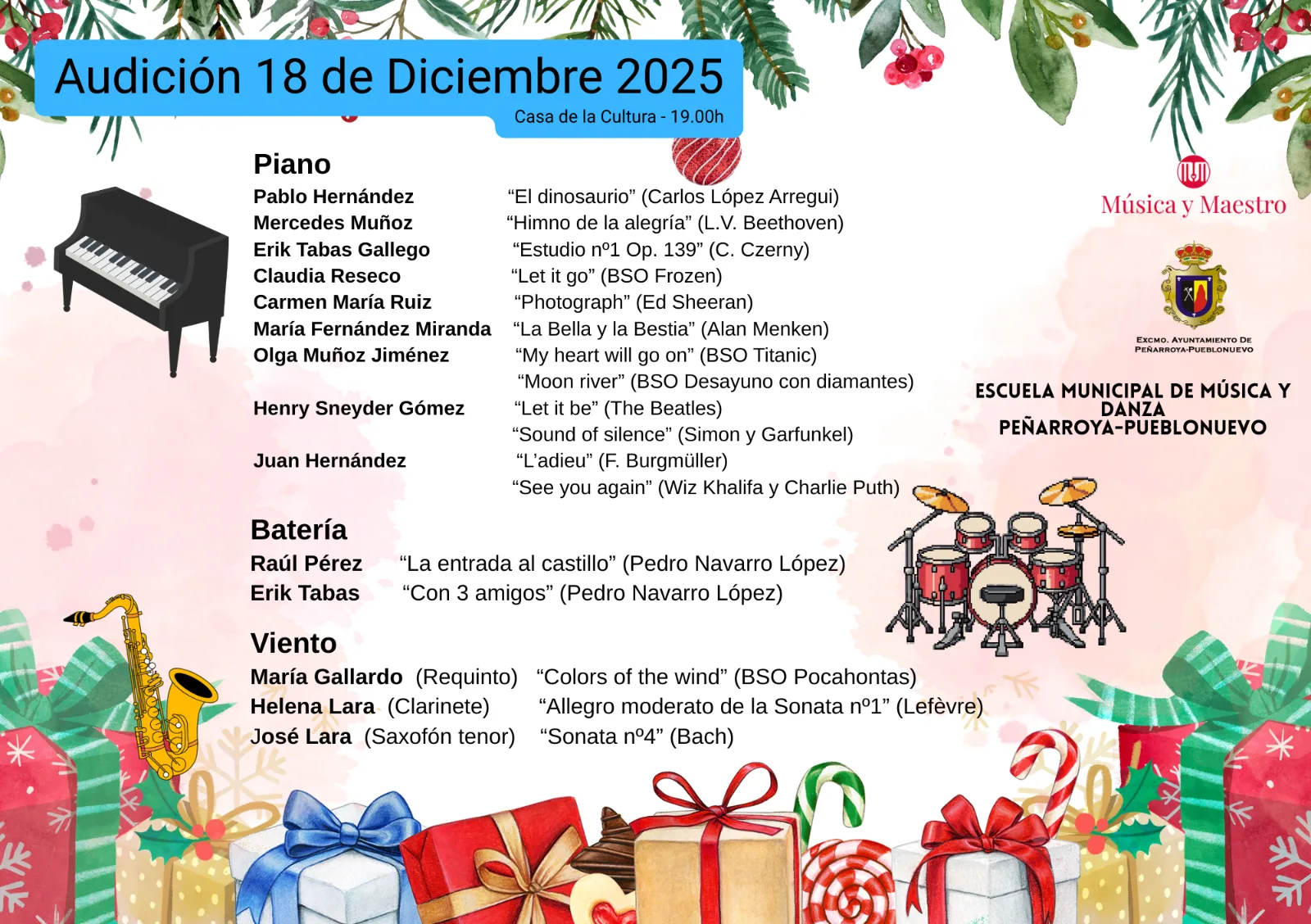 Audiciones Escuela de Música Peñarroya · Programas del 16 y 18 de diciembre 2025