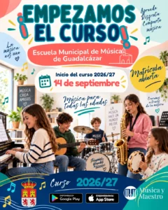 Cartel de inicio del curso 2026/27 de la Escuela Municipal de Música de Guadalcázar: las clases empiezan el 14 de septiembre, matrícula abierta