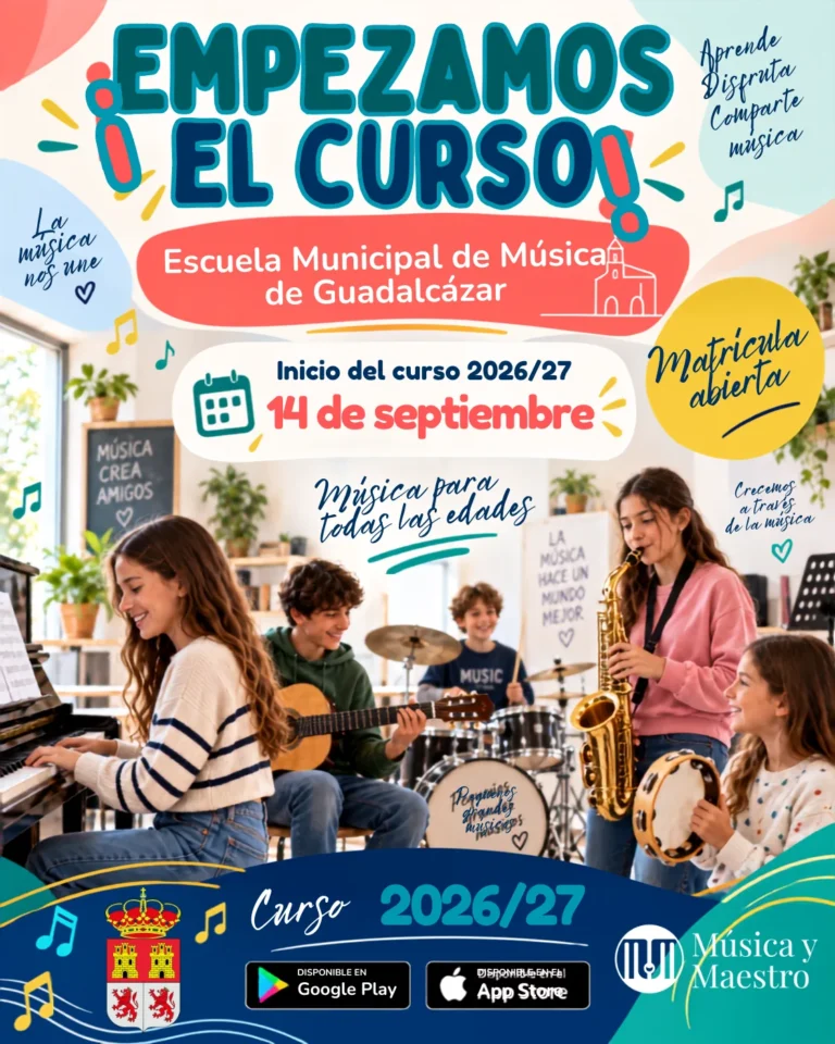 Cartel de inicio del curso 2026/27 de la Escuela Municipal de Música de Guadalcázar: las clases empiezan el 14 de septiembre, matrícula abierta