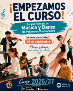 Cartel de inicio del curso 2026/27 de la Escuela Municipal de Música y Danza de Peñarroya-Pueblonuevo: las clases empiezan el 15 de septiembre