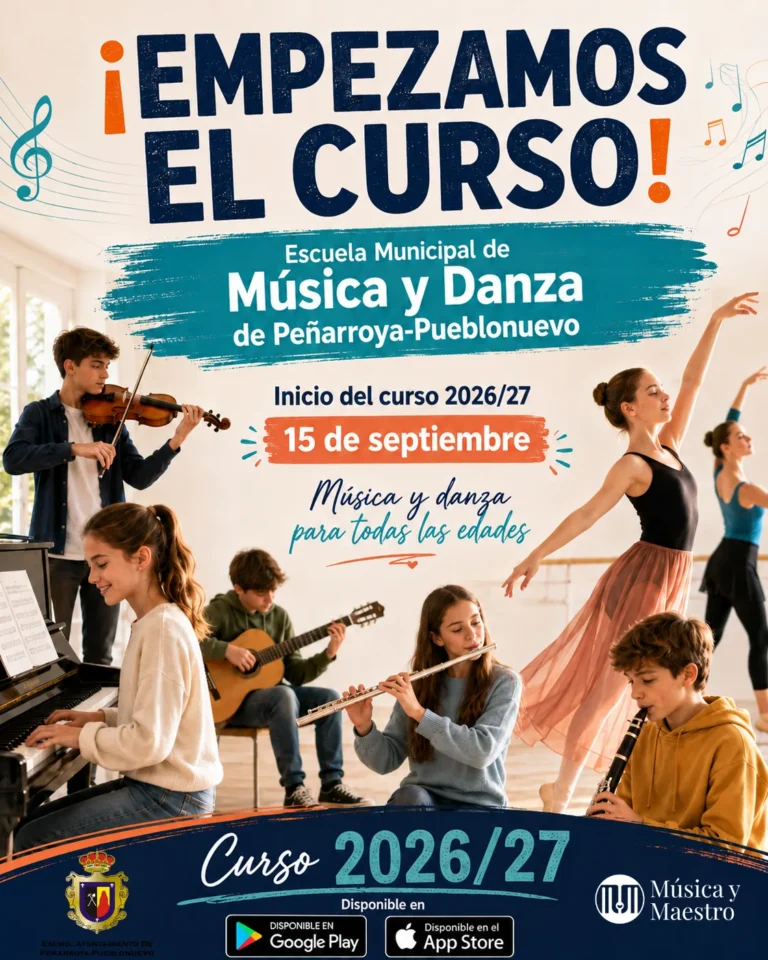 Cartel de inicio del curso 2026/27 de la Escuela Municipal de Música y Danza de Peñarroya-Pueblonuevo: las clases empiezan el 15 de septiembre