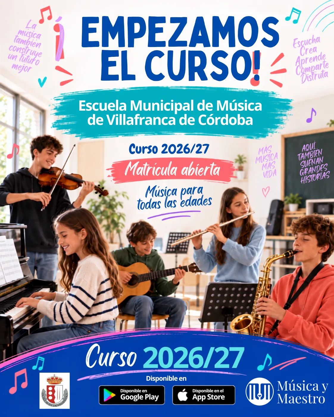Cartel de inicio del curso 2026/27 de la Escuela Municipal de Música de Villafranca de Córdoba: empezamos el curso, matrícula abierta