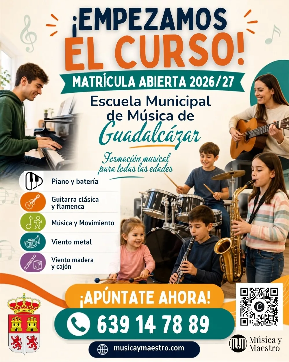 Cartel de matrícula abierta 2026/27 de la Escuela Municipal de Música de Guadalcázar: piano y batería, guitarra clásica y flamenca, música y movimiento, viento metal y viento madera y cajón