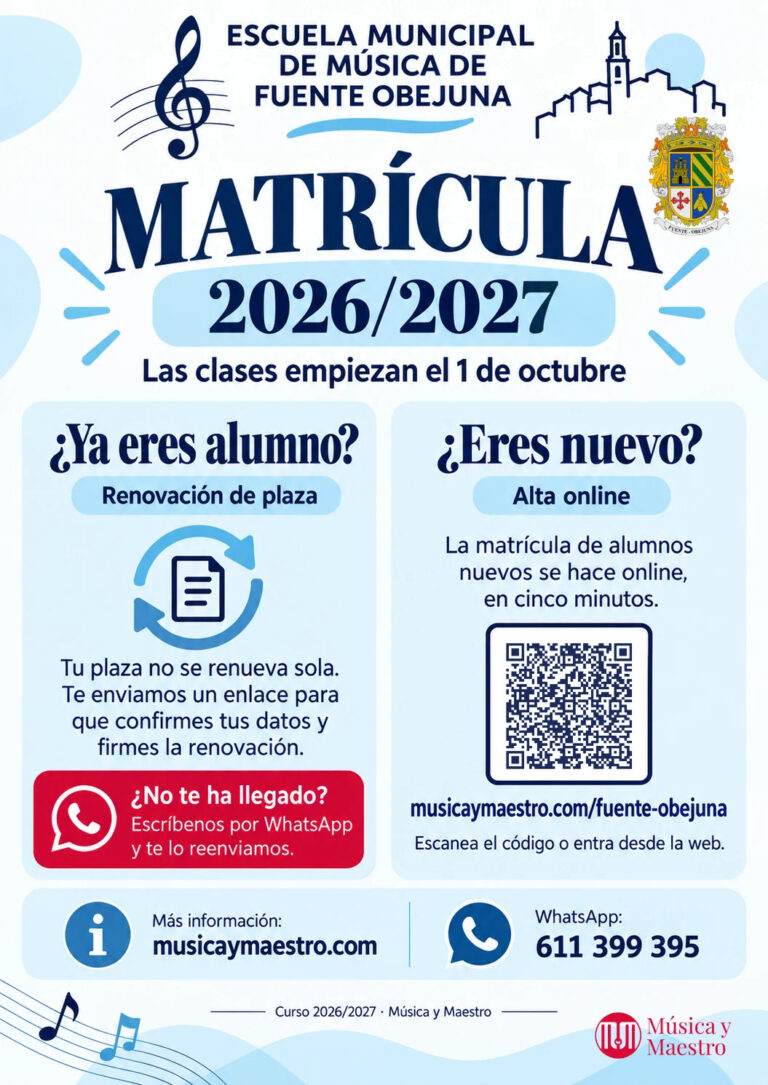 Cartel de matrícula del curso 2026/2027 de la Escuela Municipal de Música de Fuente Obejuna. Las clases empiezan el 1 de octubre.