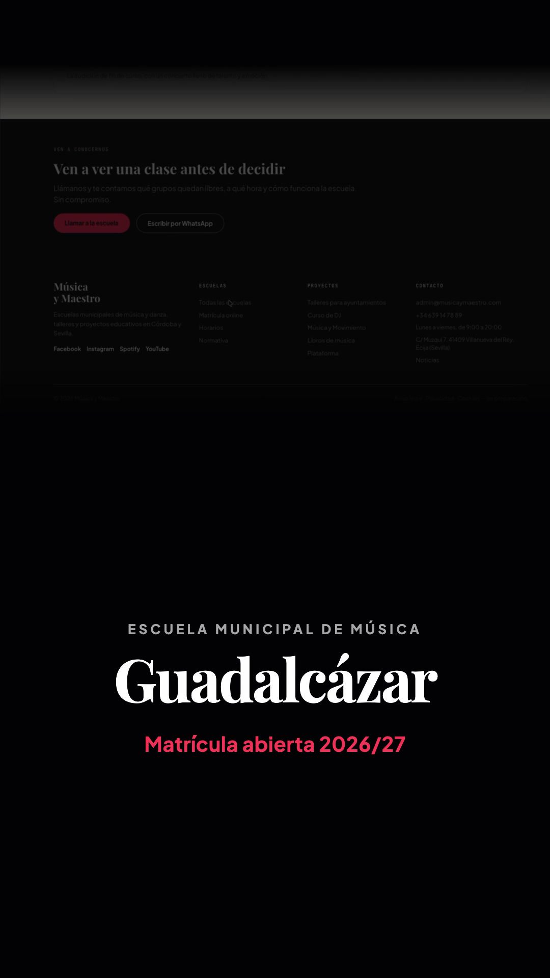 Rótulo Escuela Municipal de Música de Guadalcázar con el texto Matrícula abierta 2026/27