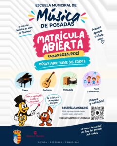 Cartel de matrícula abierta 2026/2027 del Aula Municipal de Música de Posadas: piano, guitarra, percusión y música y movimiento