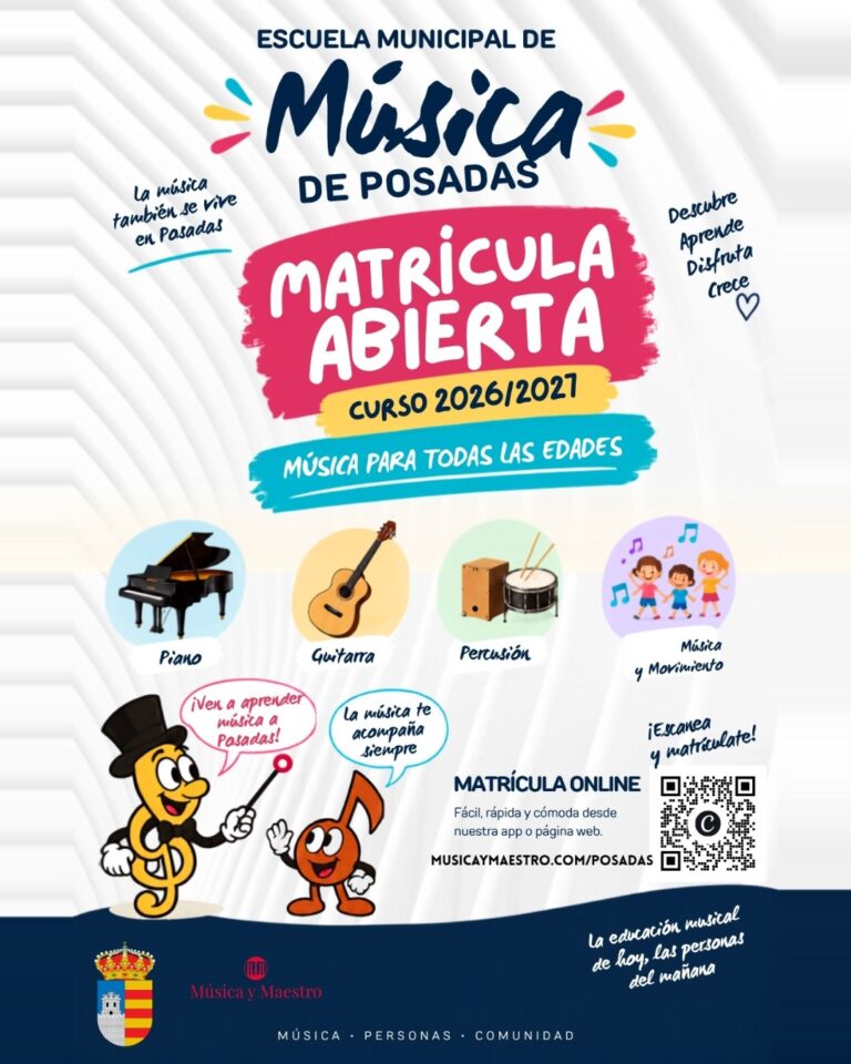 Cartel de matrícula abierta 2026/2027 del Aula Municipal de Música de Posadas: piano, guitarra, percusión y música y movimiento