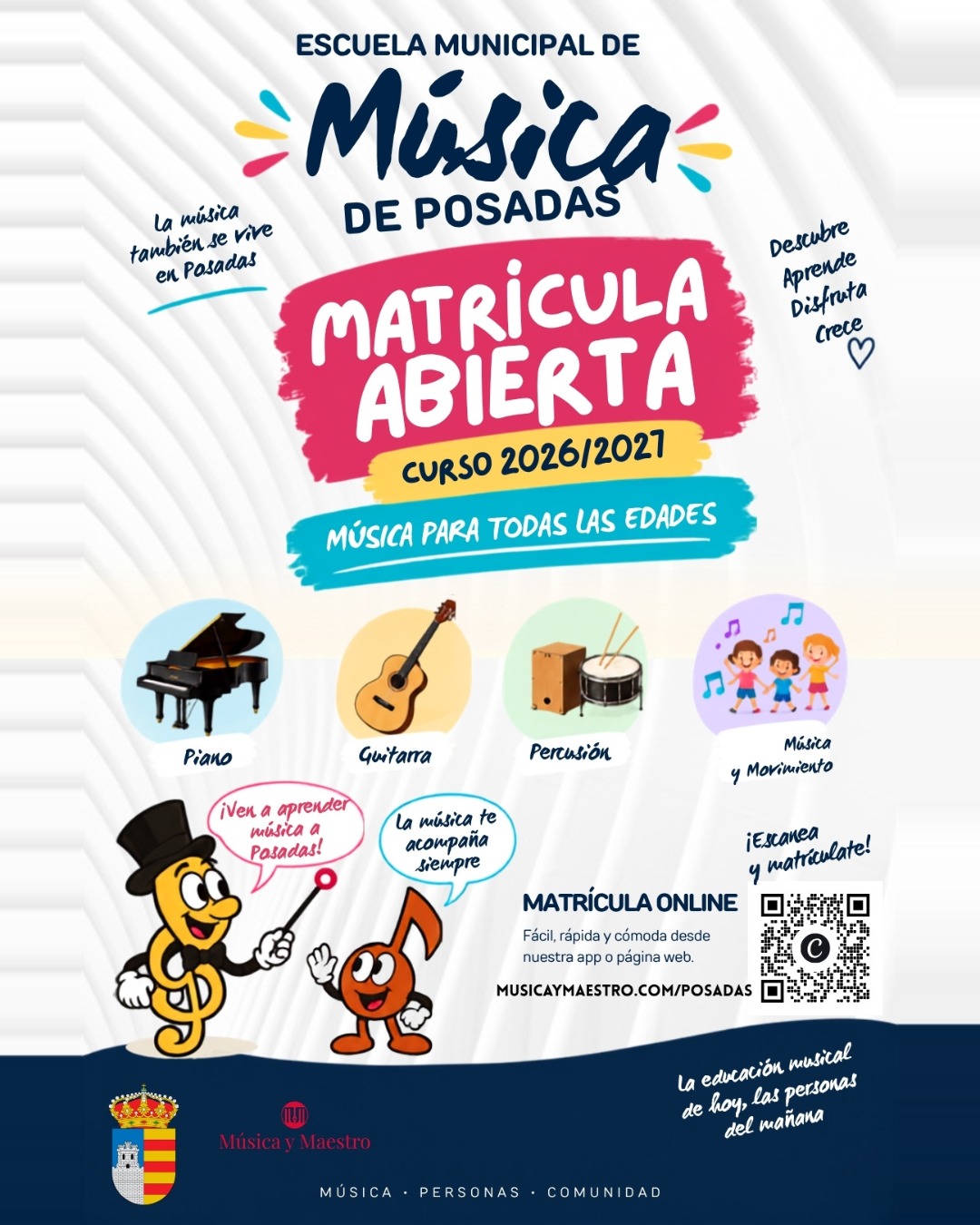 Cartel de matrícula abierta 2026/2027 del Aula Municipal de Música de Posadas: piano, guitarra, percusión y música y movimiento