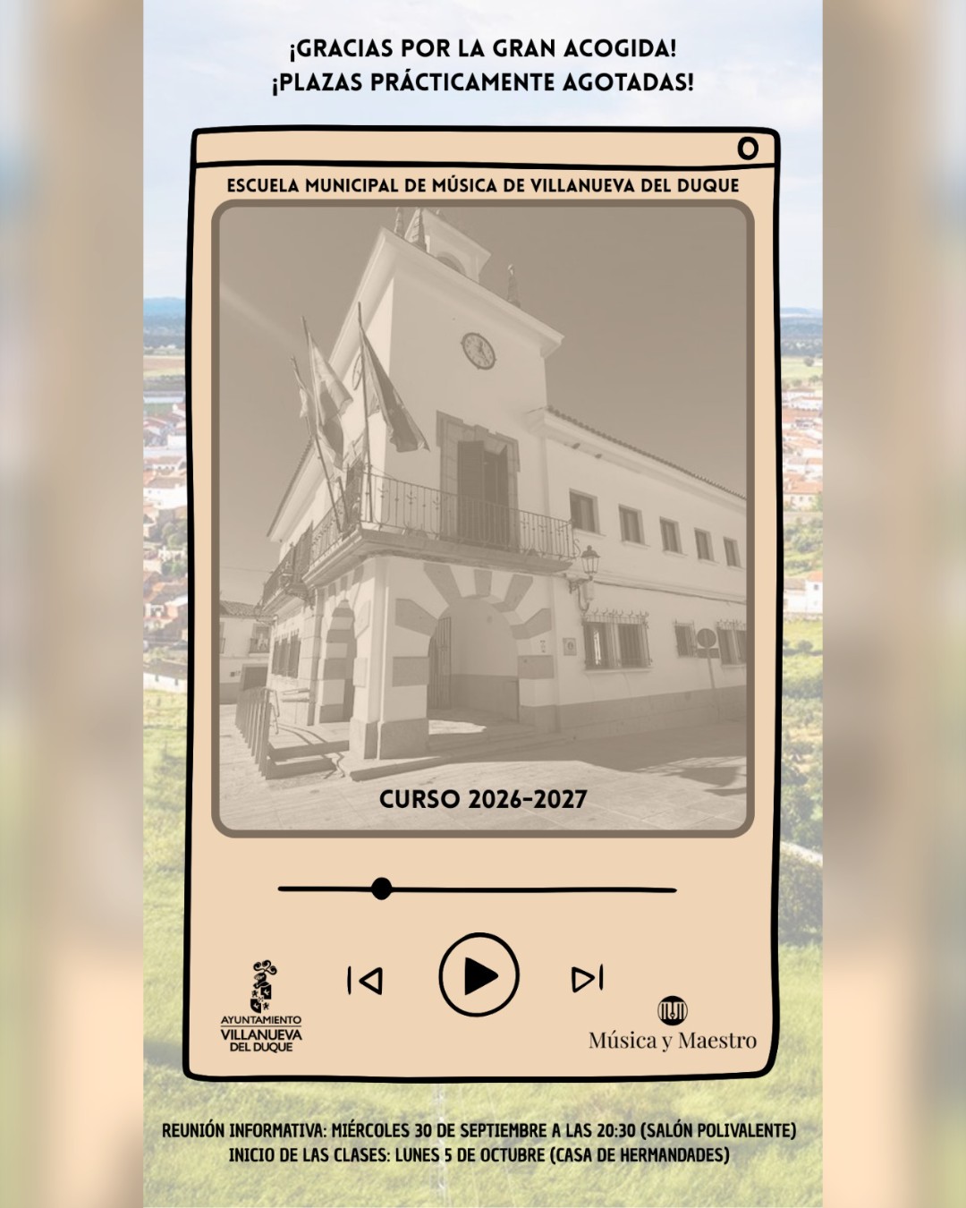 Cartel del curso 2026-2027 de la Escuela Municipal de Música de Villanueva del Duque: plazas prácticamente agotadas, reunión informativa el 30 de septiembre e inicio de clases el 5 de octubre