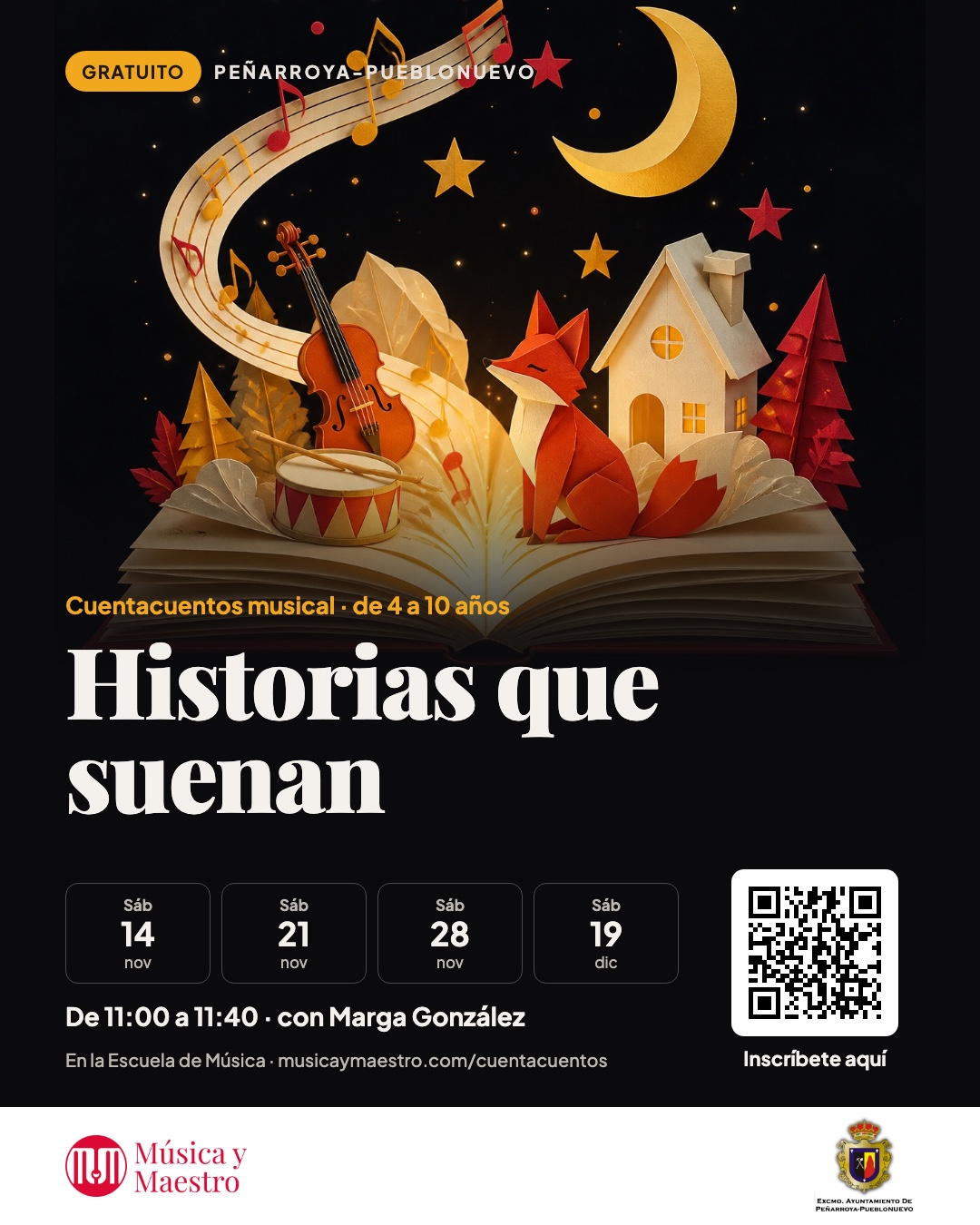 Cartel del cuentacuentos musical Historias que suenan en Peñarroya-Pueblonuevo